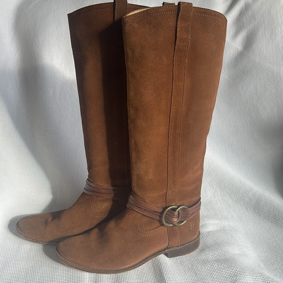 Frye Brown Suede Women’s Knee High Riding Boots Sz 8.5 Leather Brass Details - Picture 2 of 16